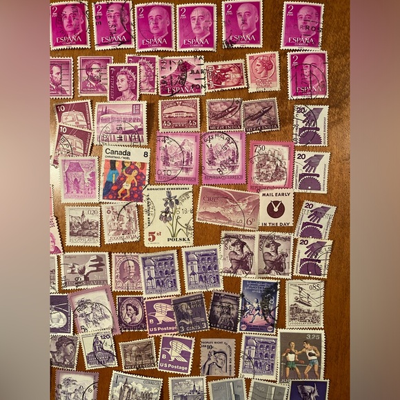 Vintage international & USA Postal Stamps - over 100 postmarked. Pink/Purple#1 - Picture 6 of 7